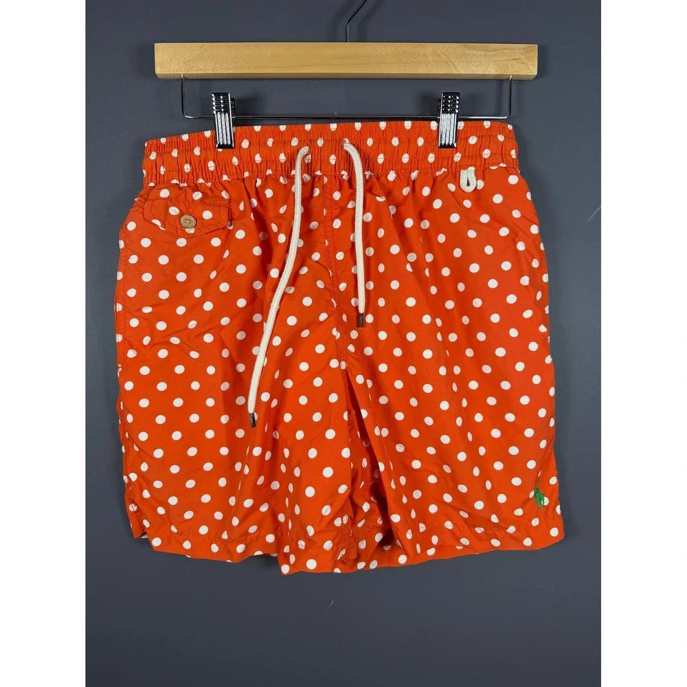 Polo Ralph Lauren Mens Small Orange Polka Dot Lined Swim Trunks Shorts